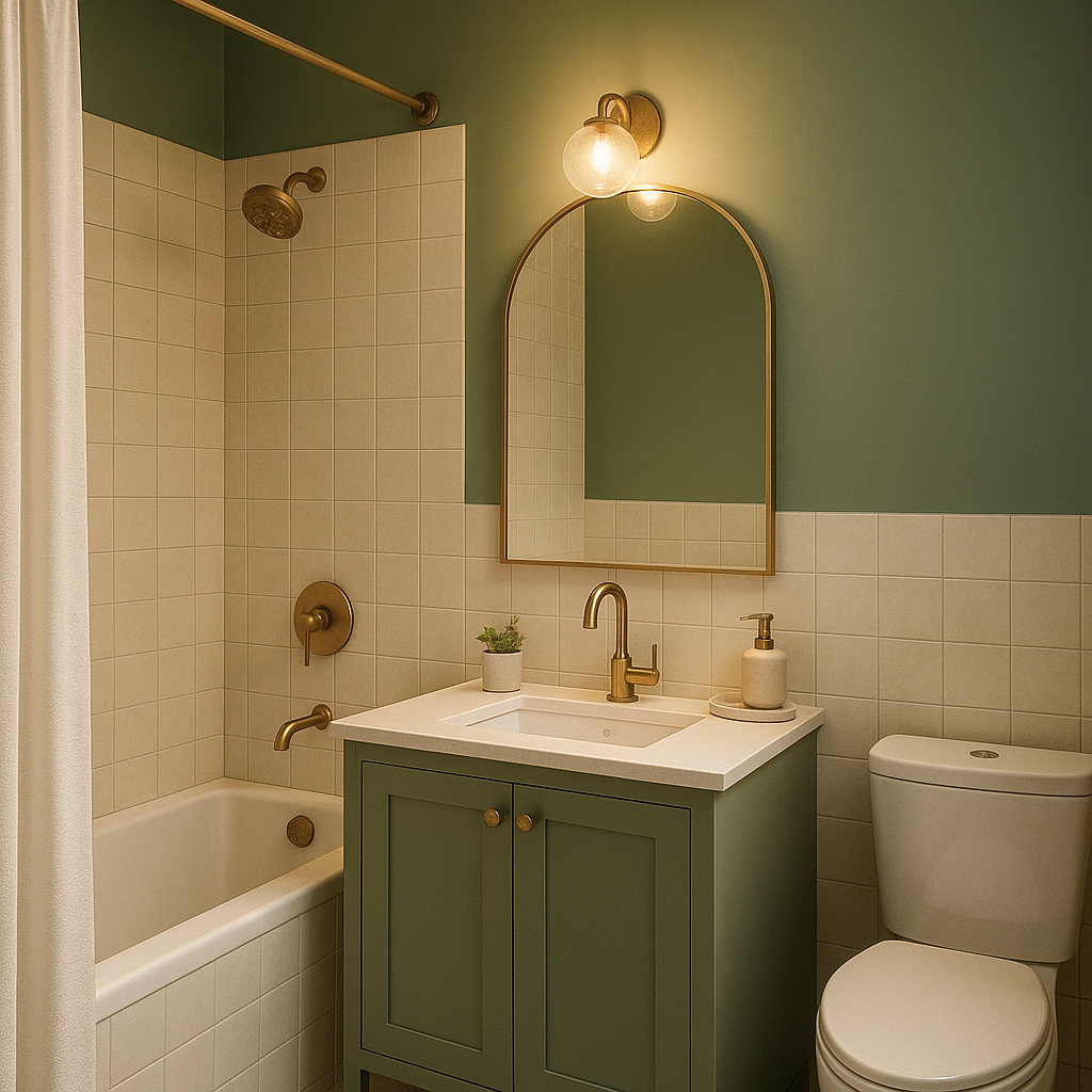 Association vert sauge et crème dans une petite salle de bain tendance 2026