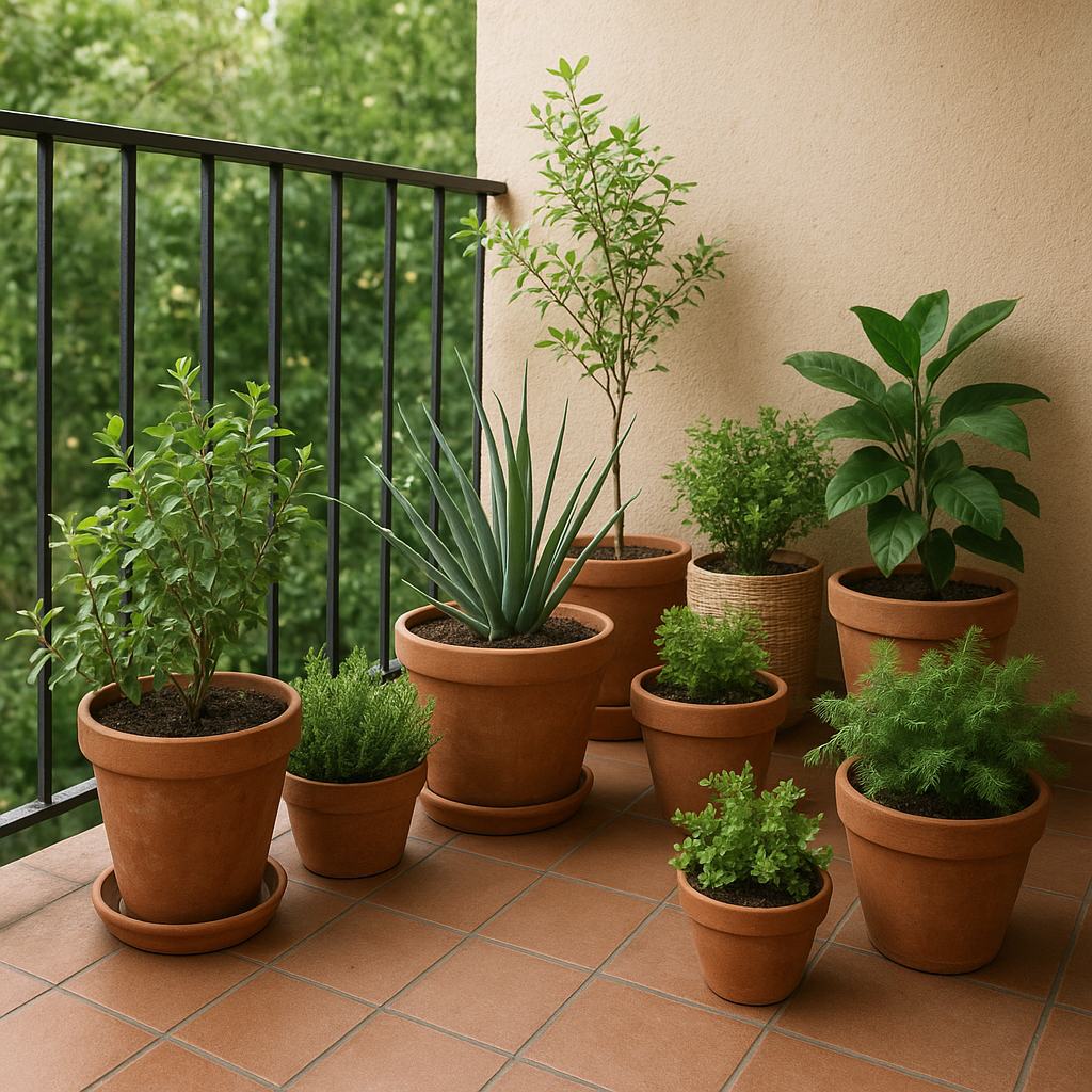 Balcon compact avec plantes robustes en pots adaptés
