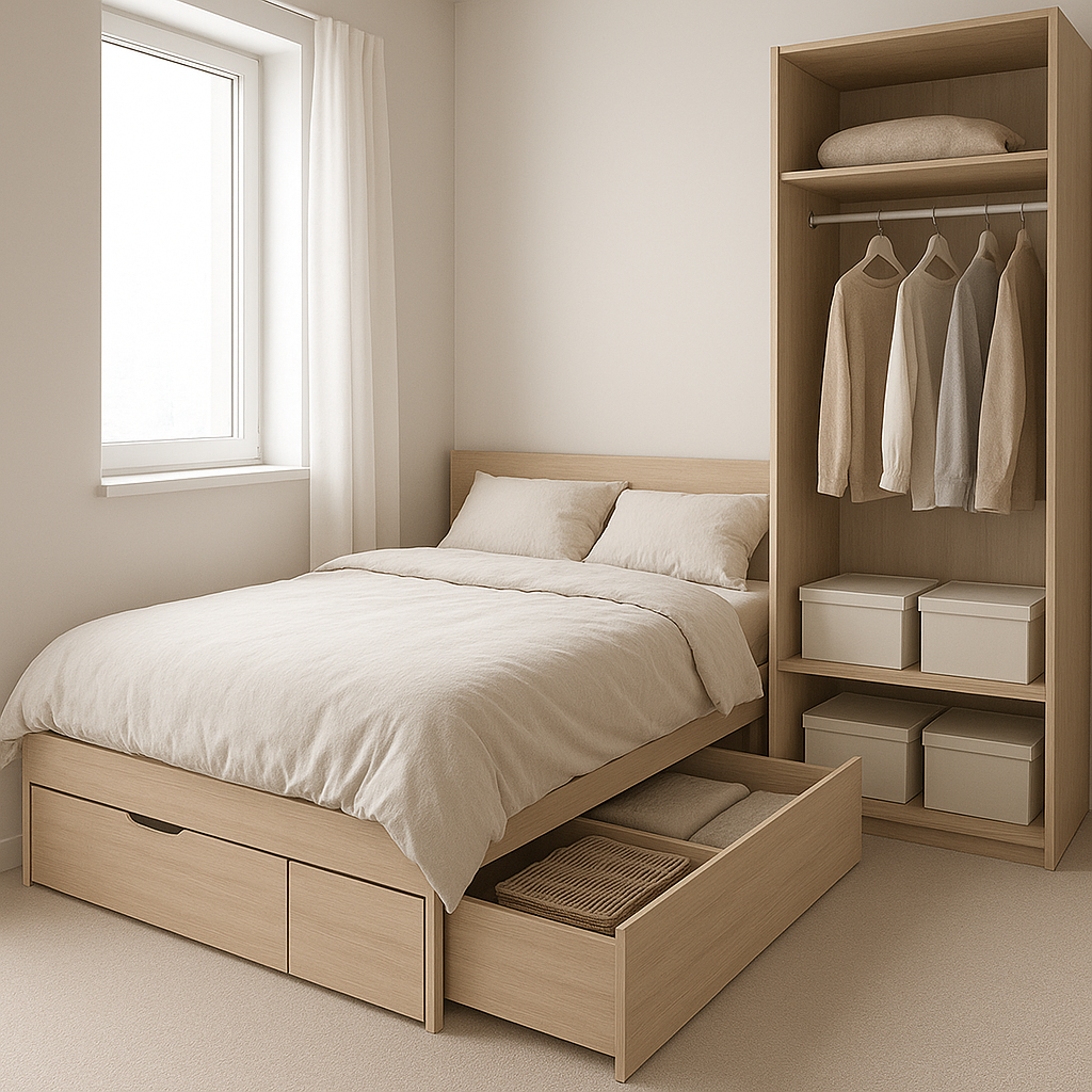 Chambre avec rangements cachés pour petit appartement