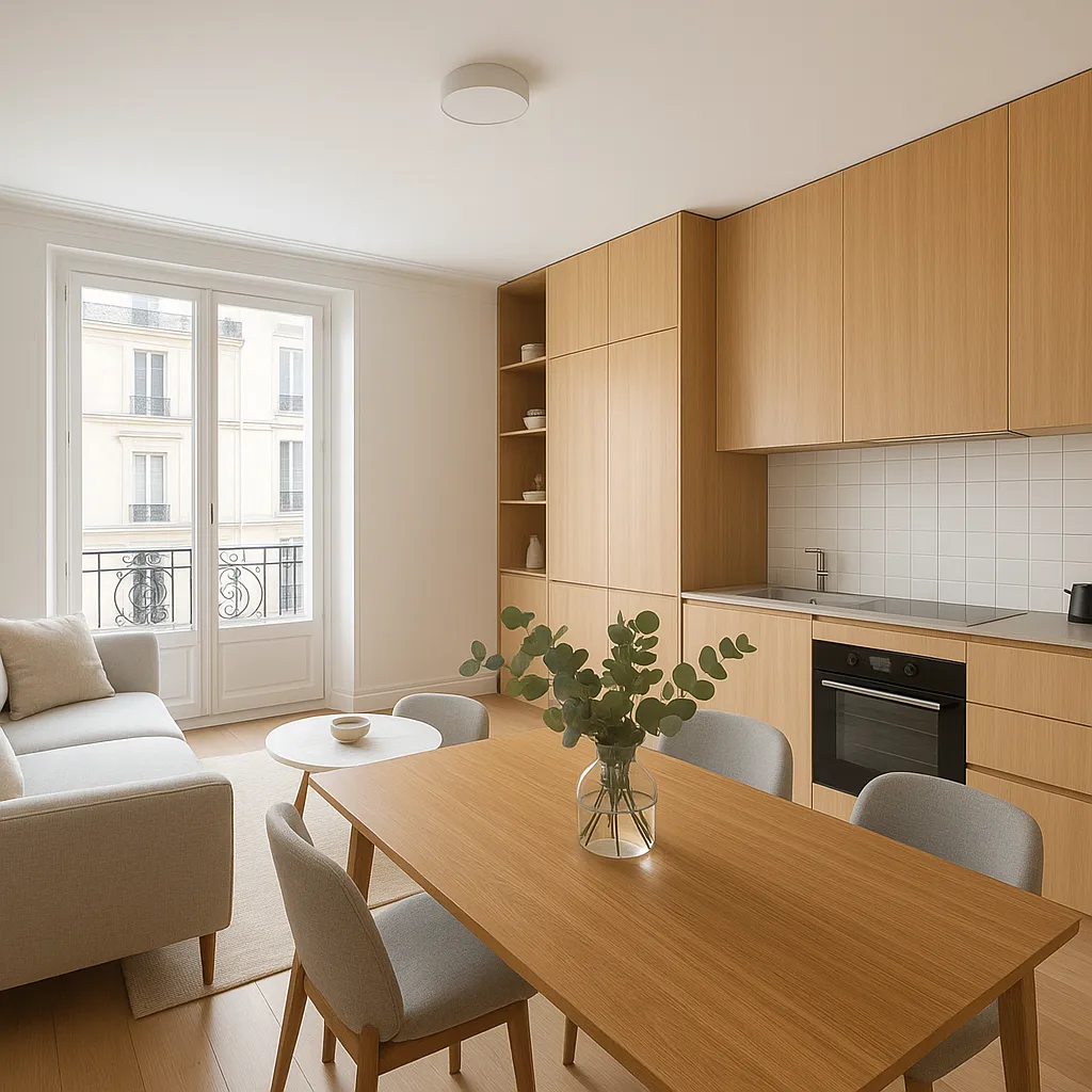 Cuisine ouverte sur salon dans un appartement français lumineux