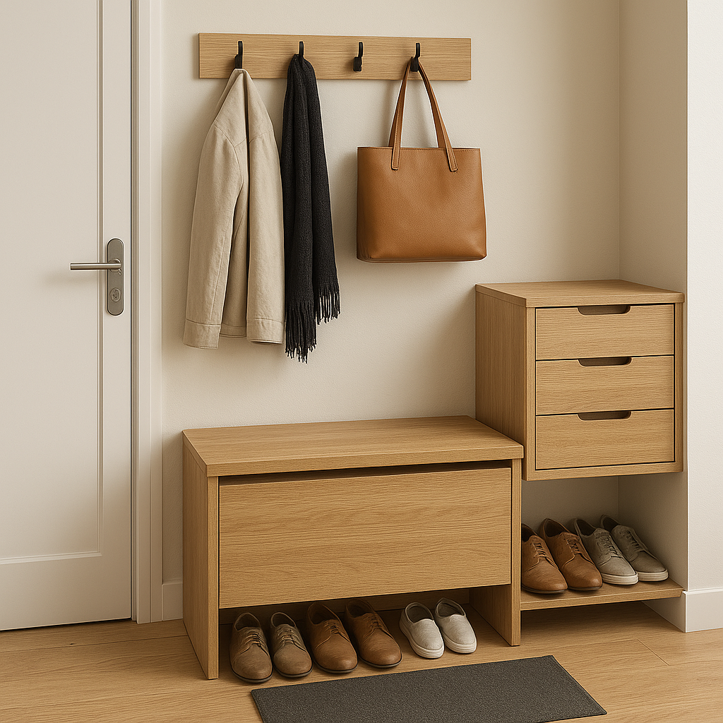 Entrée optimisée avec rangement caché dans un petit appartement