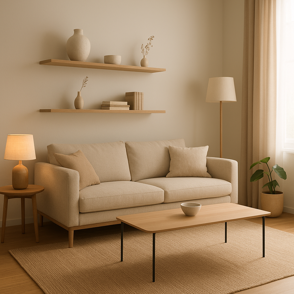 Mobilier léger et rangements muraux dans un petit salon
