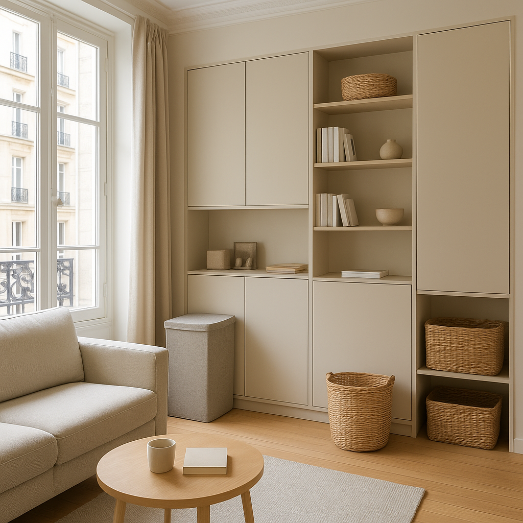 Petit salon bien organisé avec rangements discrets