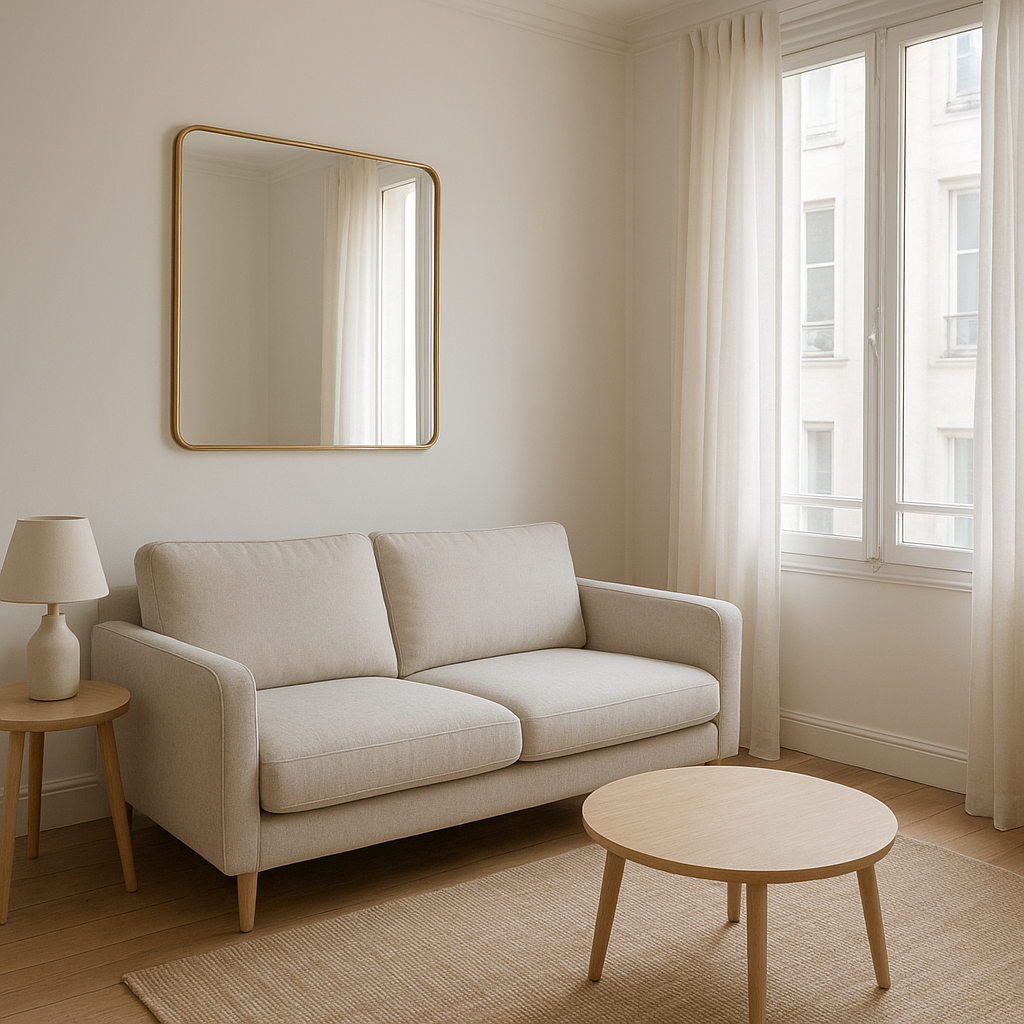 Petit salon lumineux avec décoration sobre et circulation dégagée