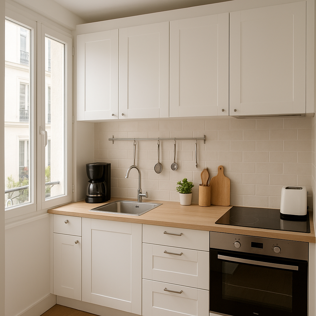 Petite cuisine lumineuse avec rangements optimisés