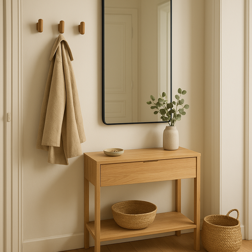 Petite entrée d’appartement aménagée avec rangements muraux et miroir