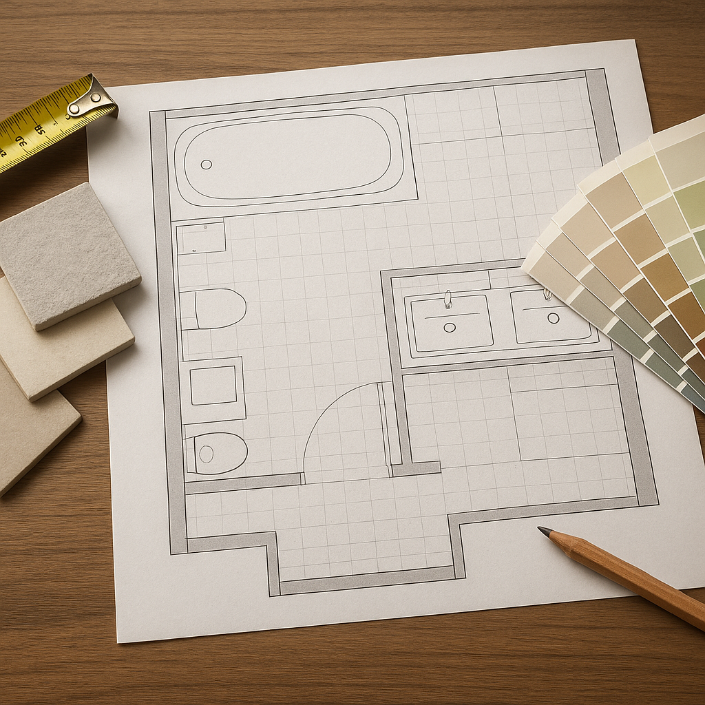 Plan de rénovation de salle de bain avec échantillons de matériaux