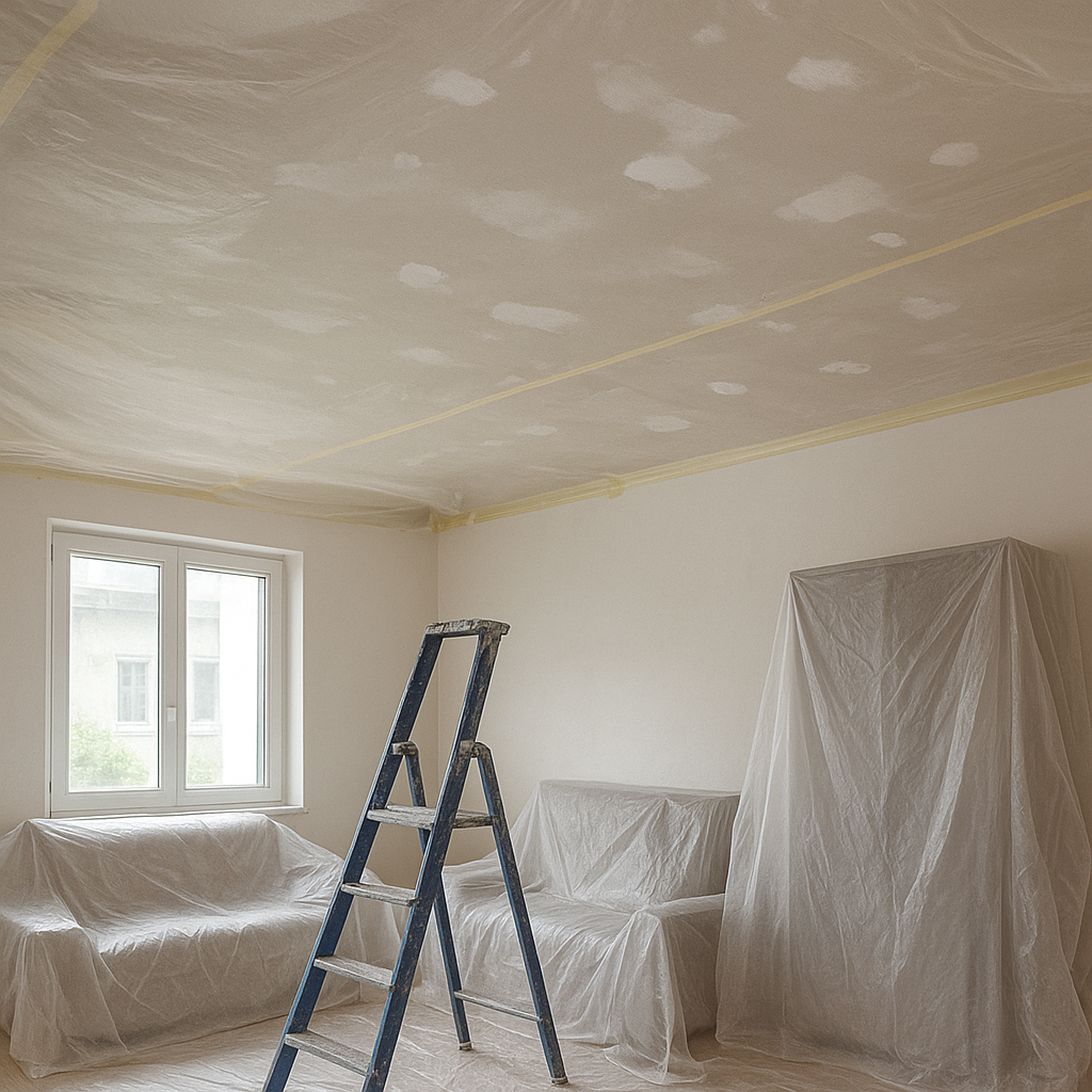 Préparation d’un plafond avant peinture avec protection du mobilier