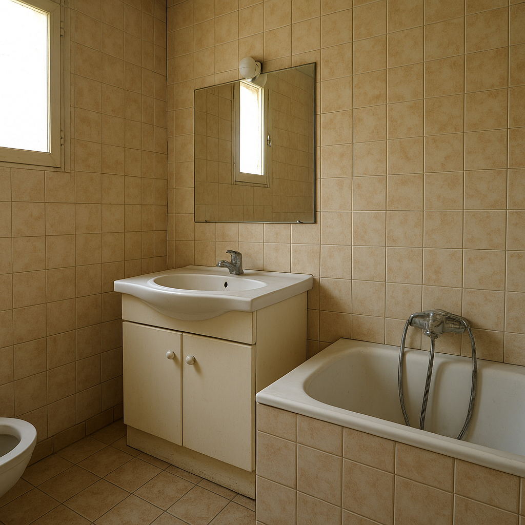 Salle de bain avant rénovation avec ancien carrelage