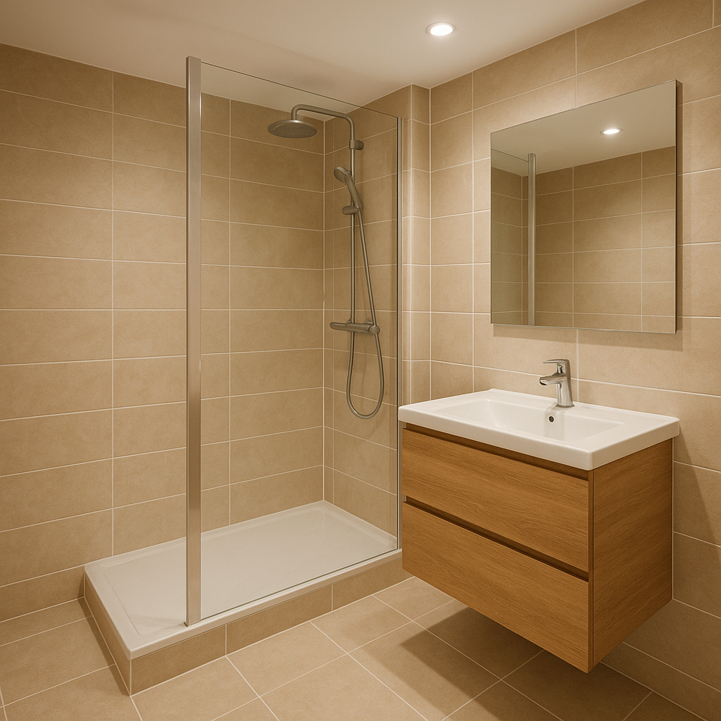 Salle de bain rénovée avec matériaux adaptés et finitions soignées