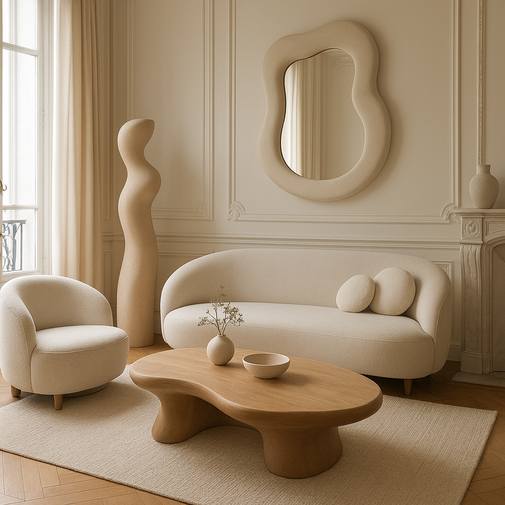 Salon avec formes arrondies et mobilier organique