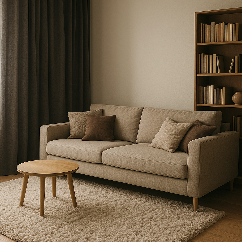 Salon d’appartement aménagé pour réduire les bruits avec textiles et meubles