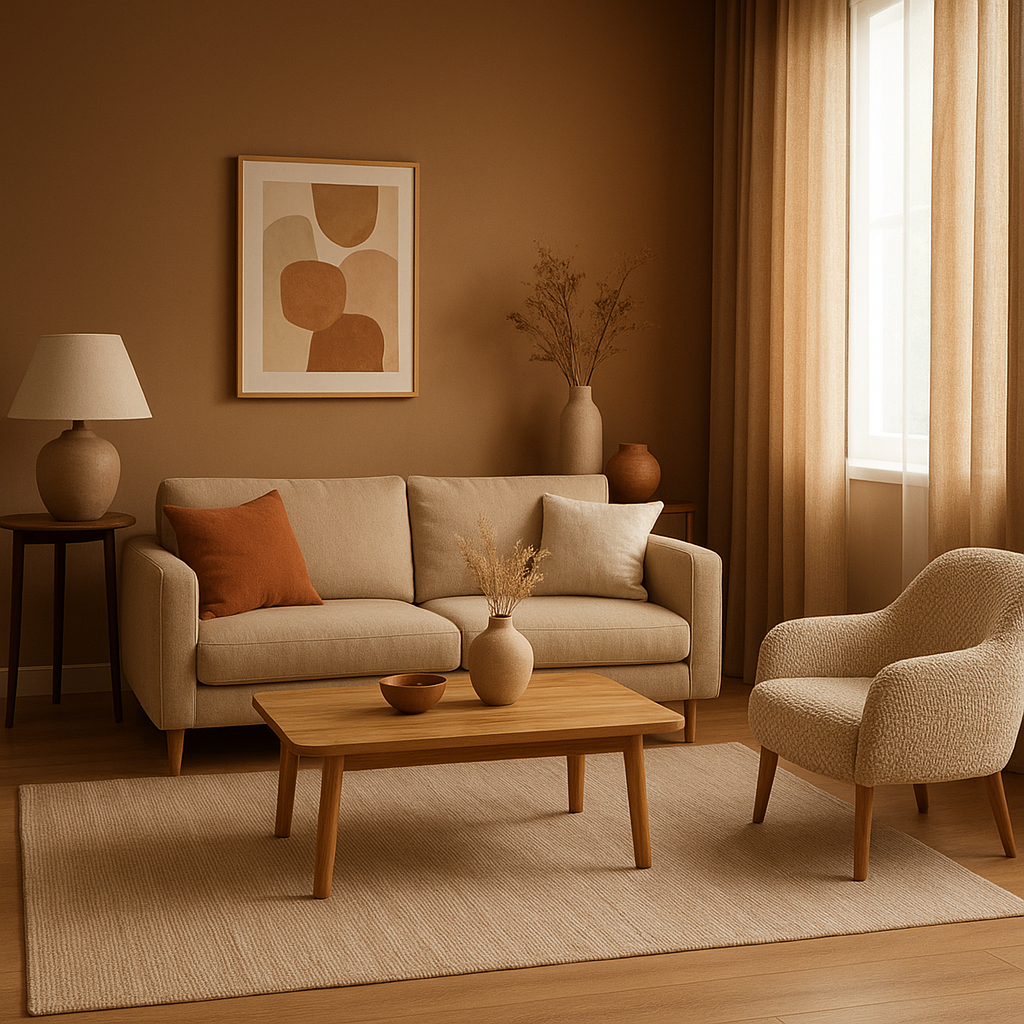 Salon moderne aux couleurs naturelles et matières texturées
