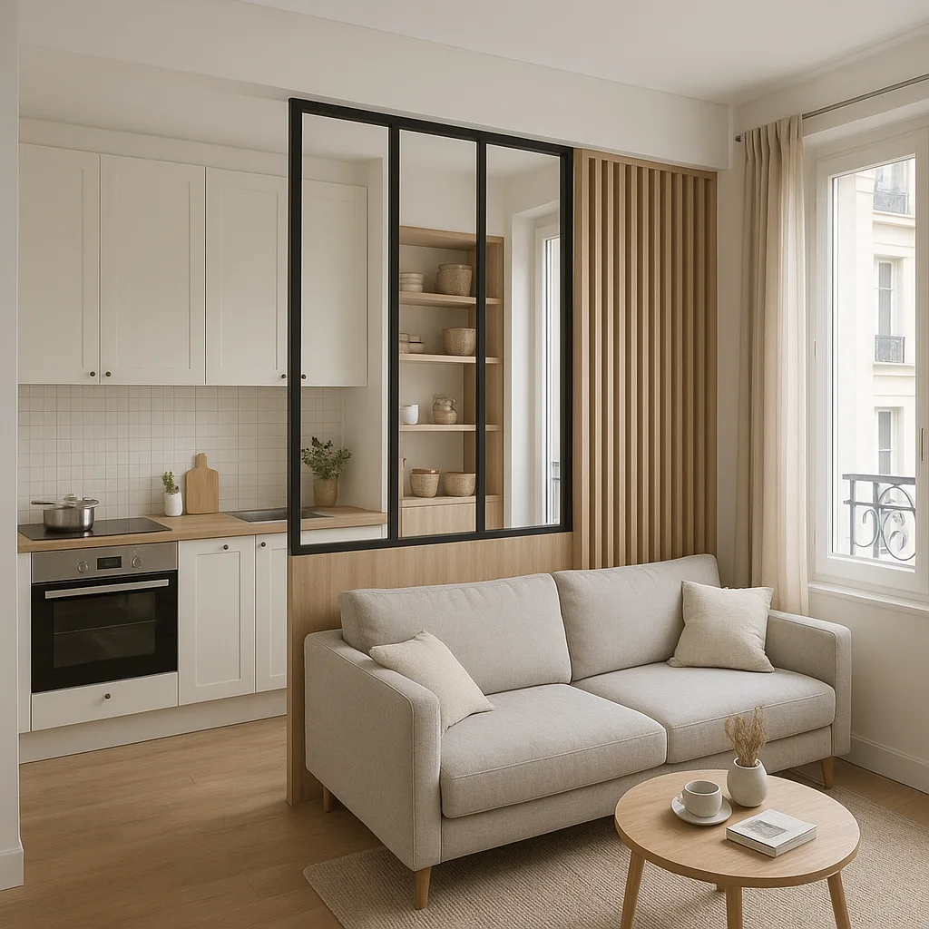 Séparation d’espaces entre cuisine et pièce de vie dans un petit logement