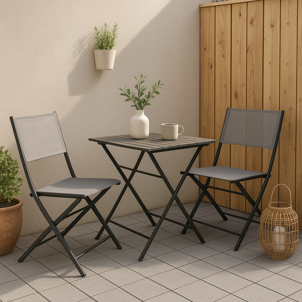 Terrasse compacte avec revêtement et mobilier économiques