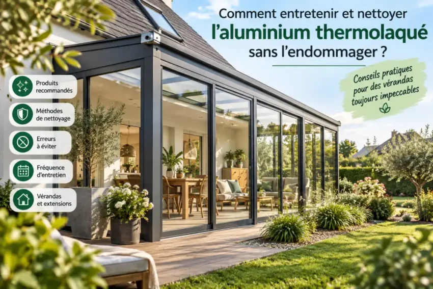 Extension vitrée sombre au bord d’un jardin, avec mobilier en bois visible à l’intérieur, et textes en surimpression à gauche et en haut