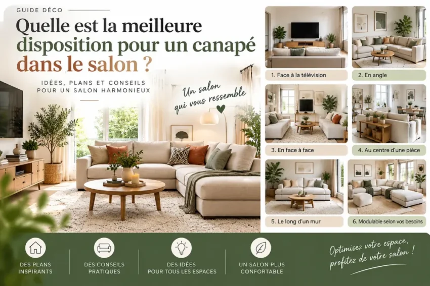 Grand canapé beige en L dans un salon lumineux, table basse ronde en bois, tapis clair, plantes et télévision au mur