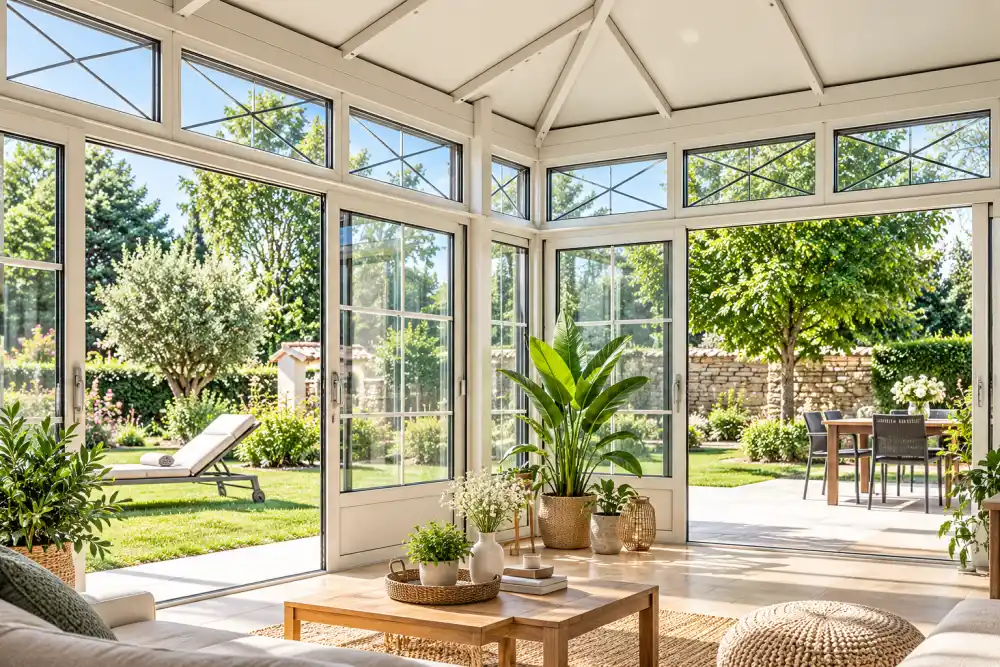 interieur d'une veranda vitree avec plafond a poutres, canape beige, table en bois, et plantes vertes dans des pots, vue sur jardin