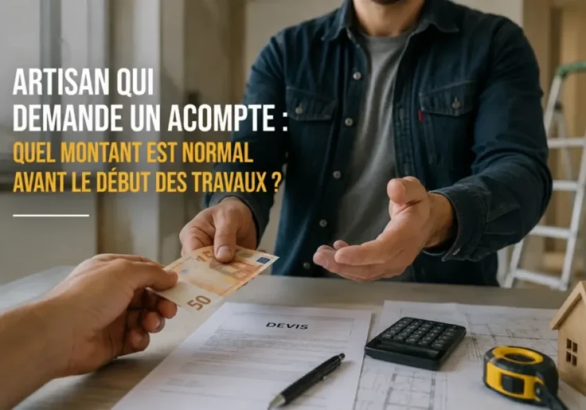 Deux mains échangent une liasse de billets au-dessus d'un devis posé sur la table, autour d'outils et d'une maquette de maison.
