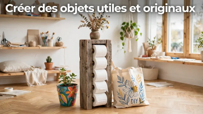 Activité DIY team building : 10 idées créatives pour renforcer la cohésion 2 Interieur lumineux d un atelier creatif: au centre un support en bois avec des rouleaux de papier toilette et un vase de fleurs, et un sac DIY