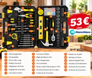 Compétences en bricolage : comment progresser et devenir plus autonome ? 5 Boite-outils noire ouverte sur un établi en bois, outils jaunes visibles et étiquettes numérotées oranges; étiquette 53€ et logo ManoMano à droite.