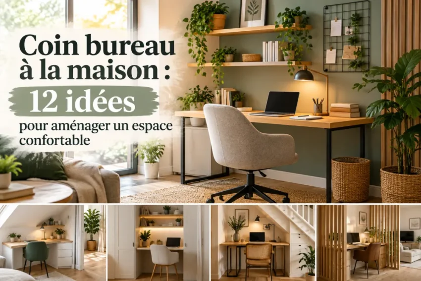 Coin bureau domestique lumineux avec bureau en bois clair, chaise grise, etageres murales et plantes vertes autour.