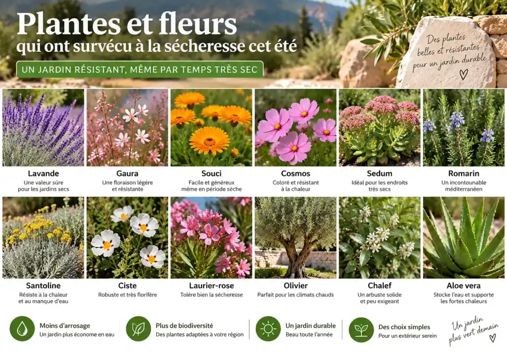 Plantes et fleurs qui ont survécu à la sécheresse cet été 3 Collage de photos montrant des plantes résistantes à la sécheresse et des étiquettes indiquant Lavande, Gaura, Souci, Cosmos, Sedum, Romarin et autres.