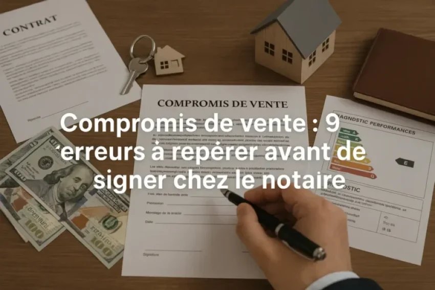 Une main signe un document compromis de vente sur une table en bois, entouré d'une maquette de maison et de billets.