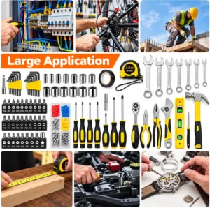 Compétences en bricolage : comment progresser et devenir plus autonome ? 4 Collage montrant des outils de bricolage variés et des scènes de réparation: câblage électrique, bicyclette et ouvrier sur chantier.