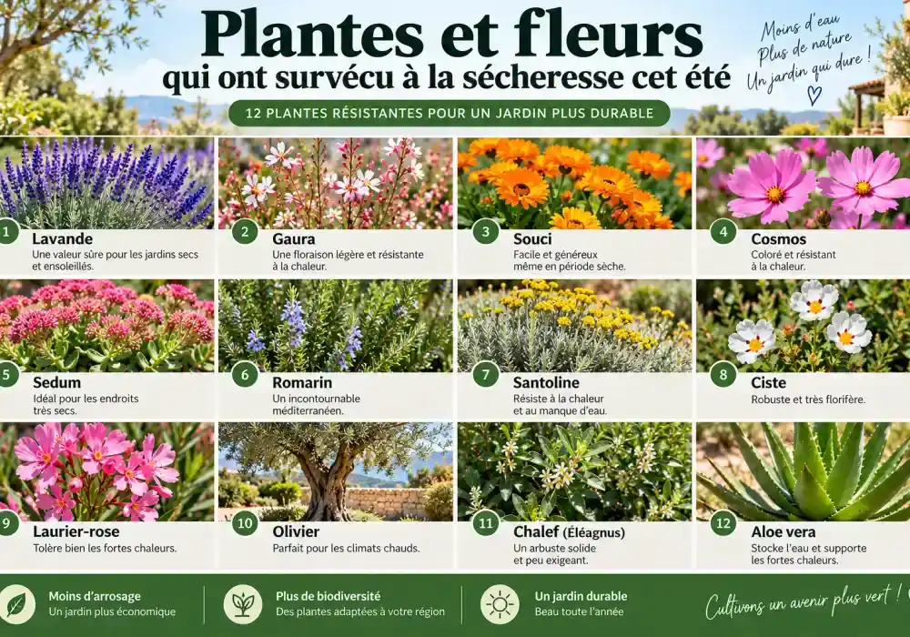 Plantes et fleurs qui ont survécu à la sécheresse cet été 2 Collage de douze photos de plantes résistantes à la sécheresse, numérotées 1 à 12, avec noms visibles comme Lavande et Romarin.