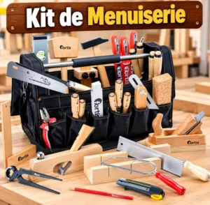 Compétences en bricolage : comment progresser et devenir plus autonome ? 2 Sac noir à poches rempli d'outils Fortis et autres outils de menuiserie en bois et métal sur un établi