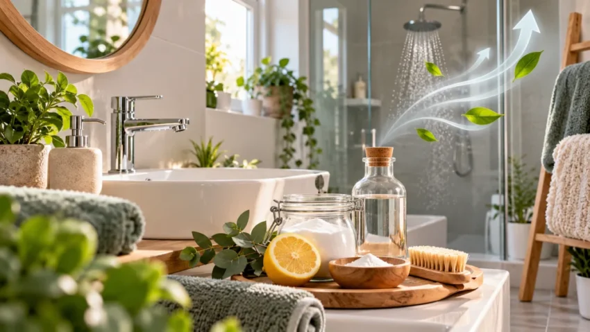 Odeurs de salle de bain : 5 astuces naturelles pour les éliminer durablement ! 2 lavabo blanc sur plan en bois avec robinet chromé, entouré de plantes en pots et bocaux en verre, demi citron sur le plateau.
