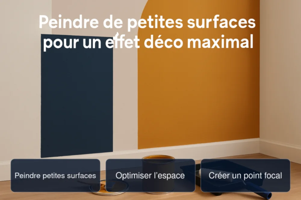 Peindre de petites surfaces pour un effet déco maximal dans les petits espaces 2 Pièce intérieure montrant trois murs peints bleu foncé, beige et orange, socle blanc et parquet.