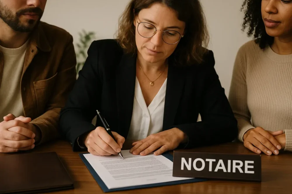 Acheter une maison : ce que le notaire vérifie avant la signature définitive 3 une femme en blazer noir signe un document sur une table en bois, entourée de deux personnes, avec un panneau NOTAIRE à proximité