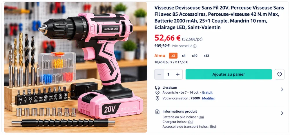 Compétences en bricolage : comment progresser et devenir plus autonome ? 6 Perceuse visseuse rose posee sur un etabli en bois, entouree de meches metalliques et d'un porte-meches transparent.