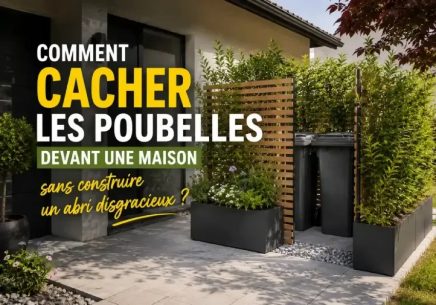 Comment cacher les poubelles devant une maison sans construire un abri disgracieux ? 5 image montrant une entrée de maison contemporaine avec des poubelles noires dissimulées derrière un claustra en bois et des jardinières, entourées de haies vertes; un texte blanc et jaune est superposé.