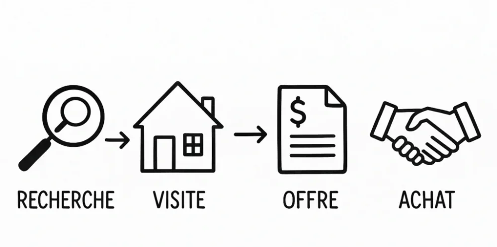 Acheter une maison : ce que le notaire vérifie avant la signature définitive 2 Infographie en noir et blanc montrant quatre icônes successives: loupe sur une maison, un document avec signe dollar et une poignée de main.