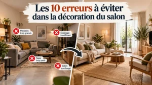 Vue d'un salon divisé par diagonale, avec une grande bannière en haut affichant les '10 erreurs' et des étiquettes rouges.