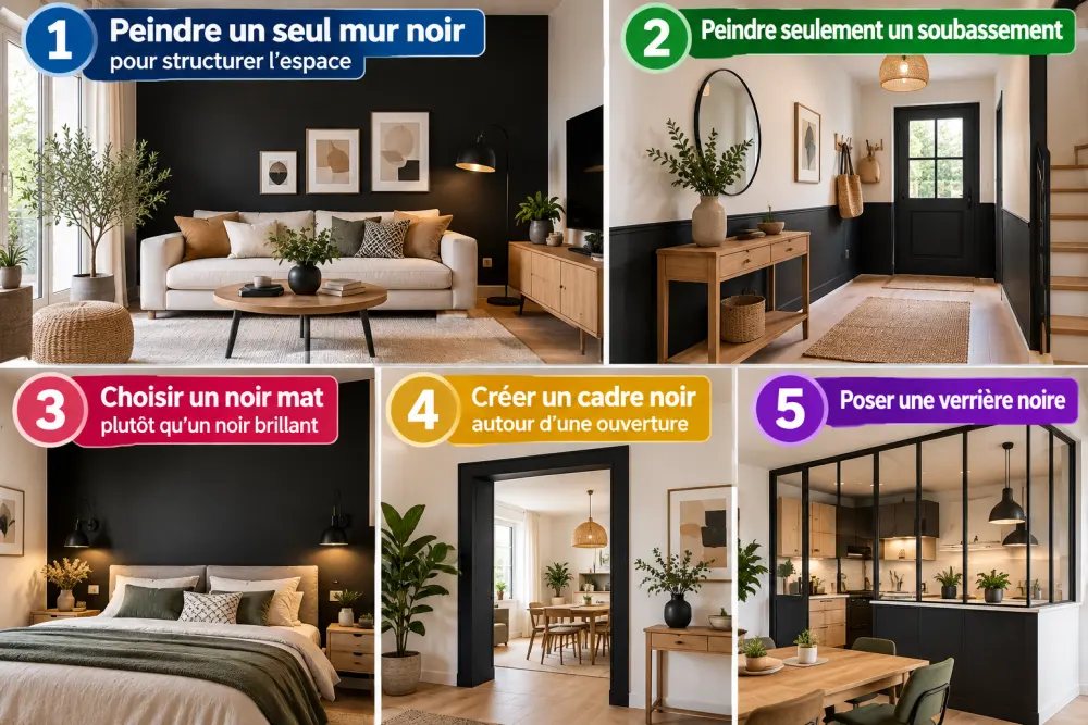 Déco noire : 40 idées pour intégrer le noir dans votre intérieur 2 Vue d'ensemble d'un intérieur composé d'un salon sombre, d'une entree avec miroir et d'un mobilier en bois